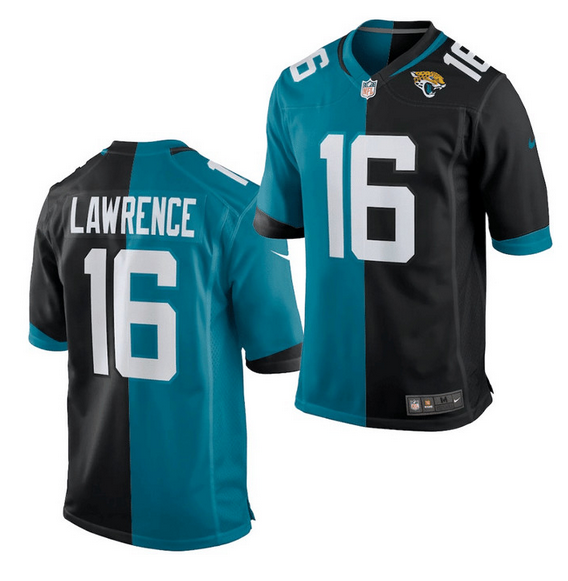 Men's Jacksonville Jaguars #16 Trevor Lawrence 2021 Teal & Black Draft Split Vapor Untouchable Limited Stitched Jersey